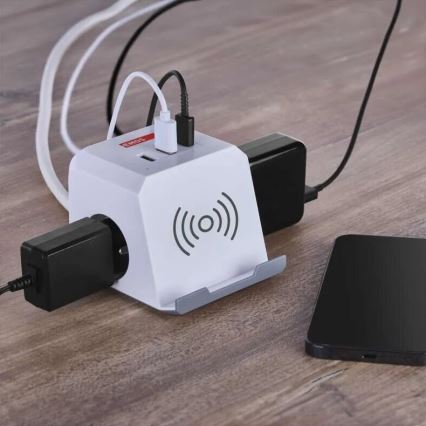 Rallonge cube avec charge sans fil QI 2Z +2xUSB-A+1xUSB-C 2m blanc