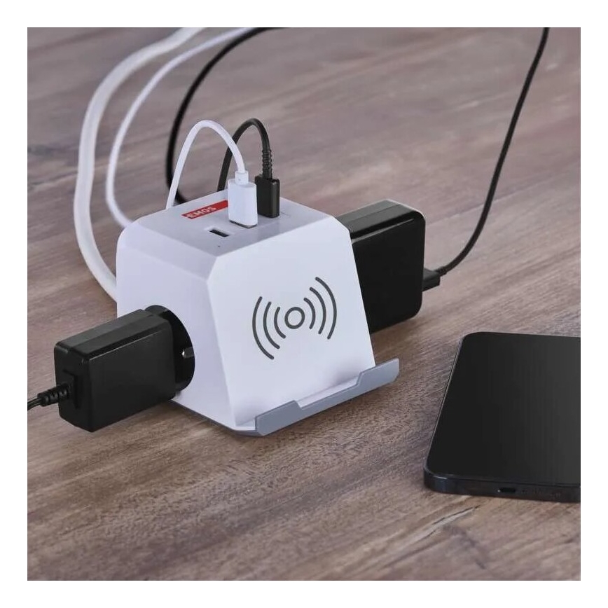Rallonge cube avec charge sans fil QI 2Z +2xUSB-A+1xUSB-C 2m blanc