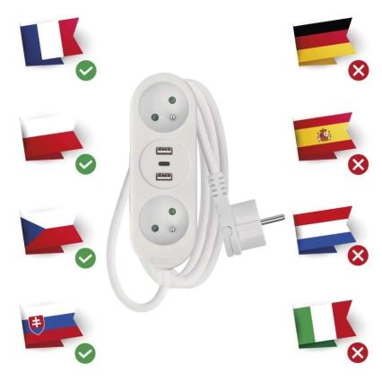 Rallonge électrique 2 prises + 2x USB-A + USB-C 1,4 m