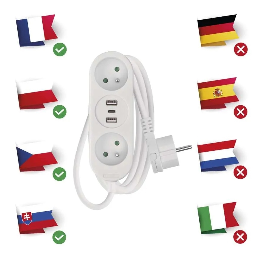 Rallonge électrique 2 prises + 2x USB-A + USB-C 1,4 m