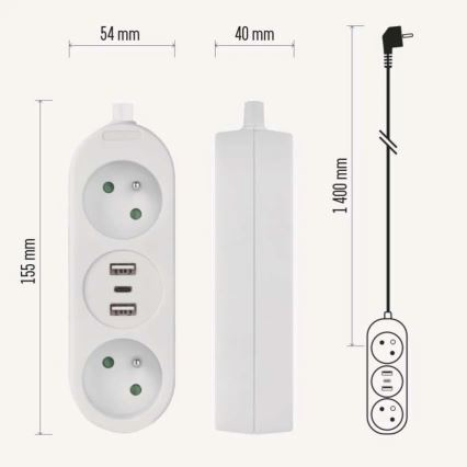 Rallonge électrique 2 prises + 2x USB-A + USB-C 1,4 m