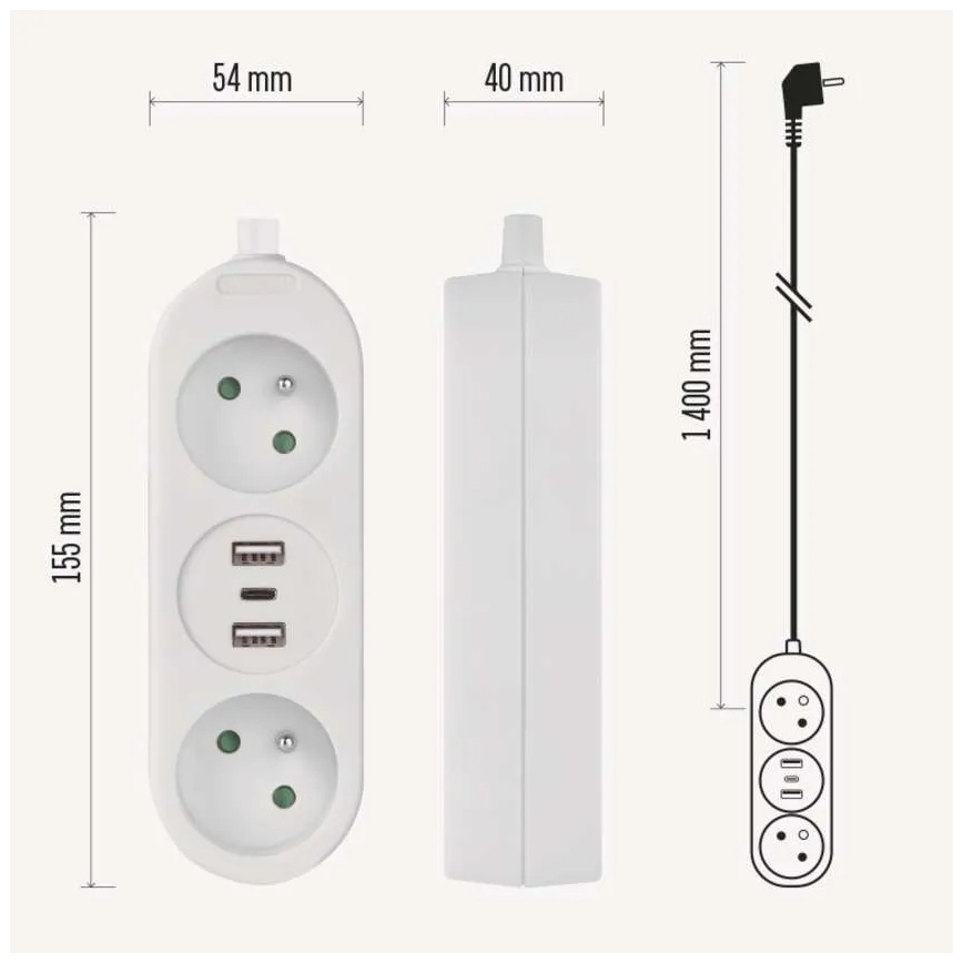 Rallonge électrique 2 prises + 2x USB-A + USB-C 1,4 m