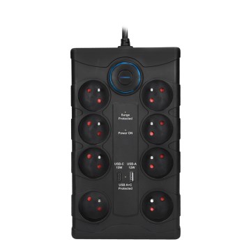 Rallonge électrique avec interrupteur 8Z Type E + 1x USB-A + 1x USB-C 2 m noire