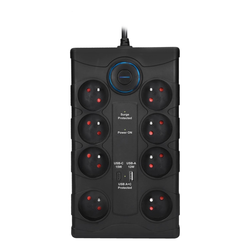 Rallonge électrique avec interrupteur 8Z Type E + 1x USB-A + 1x USB-C 2 m noire