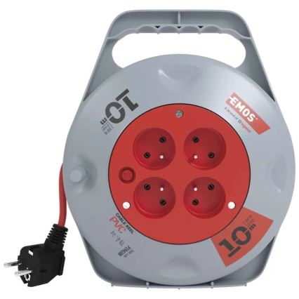 Rallonge enroulable 10 m avec 4 prises, gris/rouge