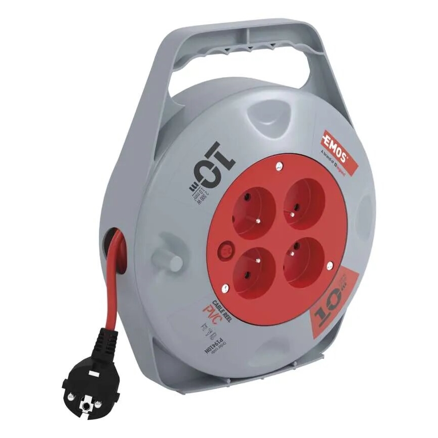 Rallonge enroulable 10 m avec 4 prises, gris/rouge