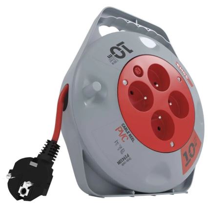 Rallonge enroulable 10 m avec 4 prises, gris/rouge