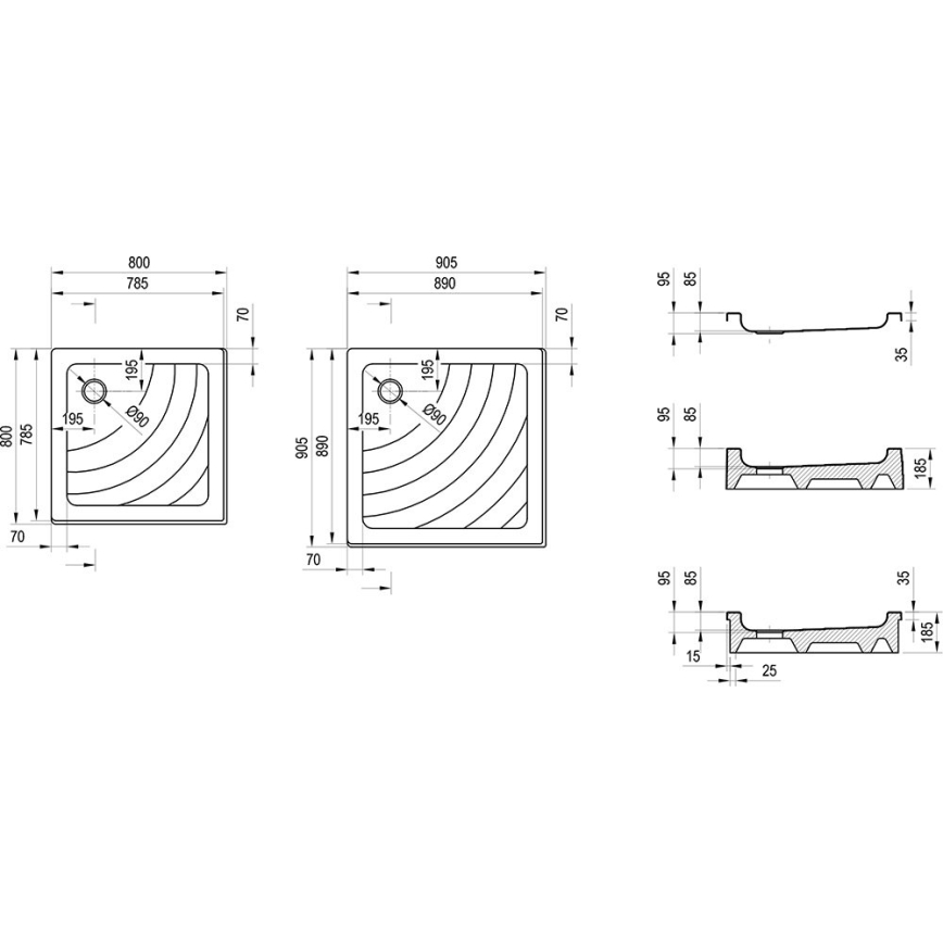 Ravak A007701120 - Receveur de douche carré ANGELA 90x90 cm blanc