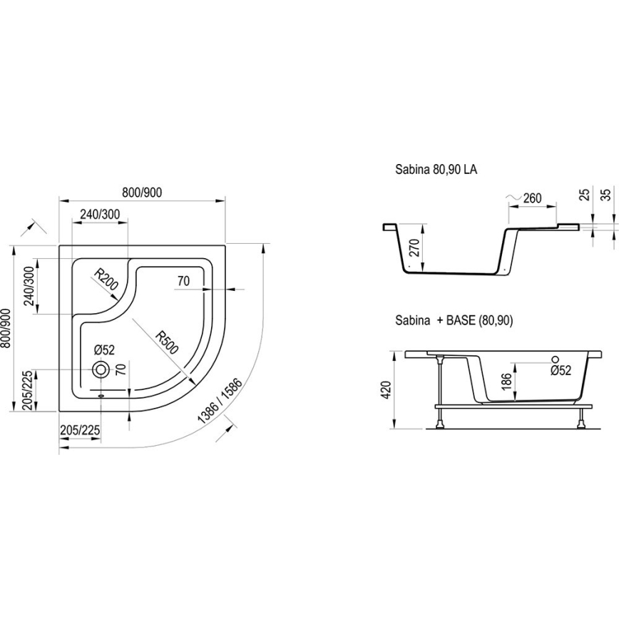 Ravak A217001020 - Receveur de douche quart de cercle SABINA 90x90 cm blanc