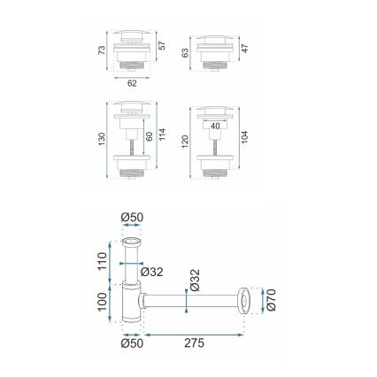 REA-A4400 - Siphon de lavabo avec bonde Click-Clack, diamètre 6,4 cm, nickel
