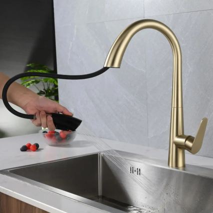 REA-B5312 - Mitigeur d'évier ROSS 43 cm avec douchette extractible, finition dorée brossée