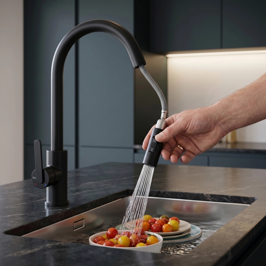 REA-B6571 - Mitigeur d'évier à douchette extractible ONTARIO 38 cm noir