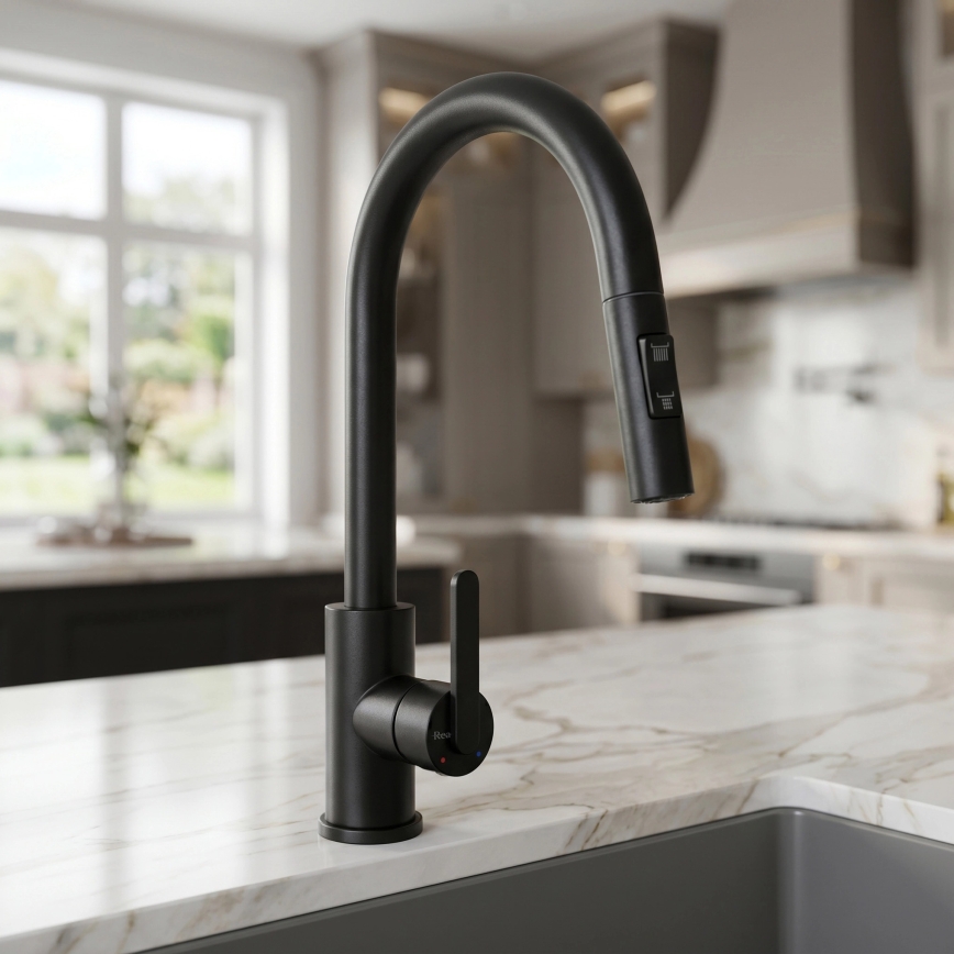 REA-B6571 - Mitigeur d'évier à douchette extractible ONTARIO 38 cm noir