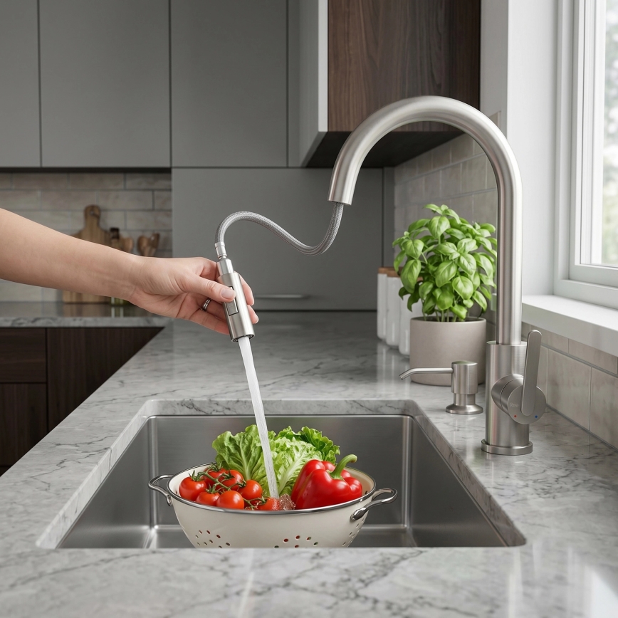 REA-B7573 - Mitigeur d'évier ONTARIO 38 cm avec douchette extractible, finition nickel