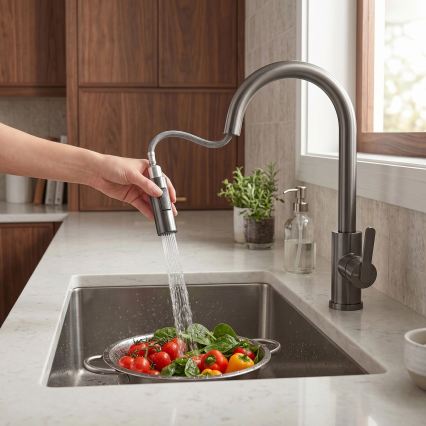 REA-B7574 - Mitigeur de cuisine ONTARIO 38 cm à douchette extractible, finition titane
