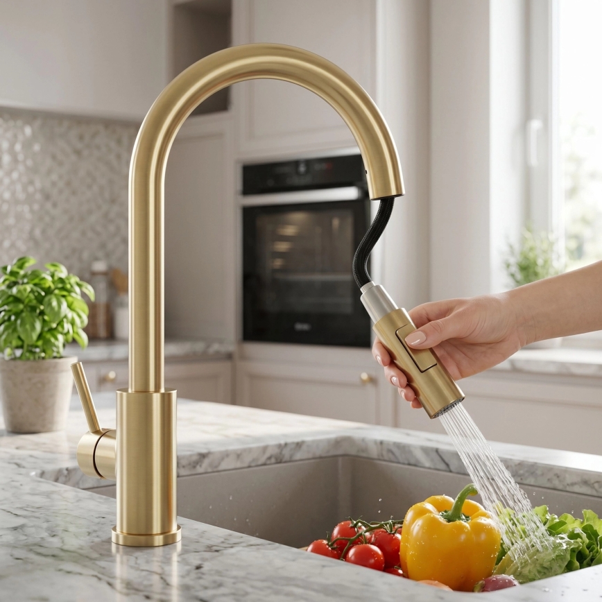 REA-B9842 - Mitigeur d'évier tactile avec douchette extractible FRESH TOUCH 37 cm, 4x AA, finition or brossé