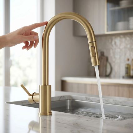 REA-B9842 - Mitigeur d'évier tactile avec douchette extractible FRESH TOUCH 37 cm, 4x AA, finition or brossé