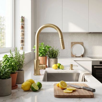 REA-B9842 - Mitigeur d'évier tactile avec douchette extractible FRESH TOUCH 37 cm, 4x AA, finition or brossé