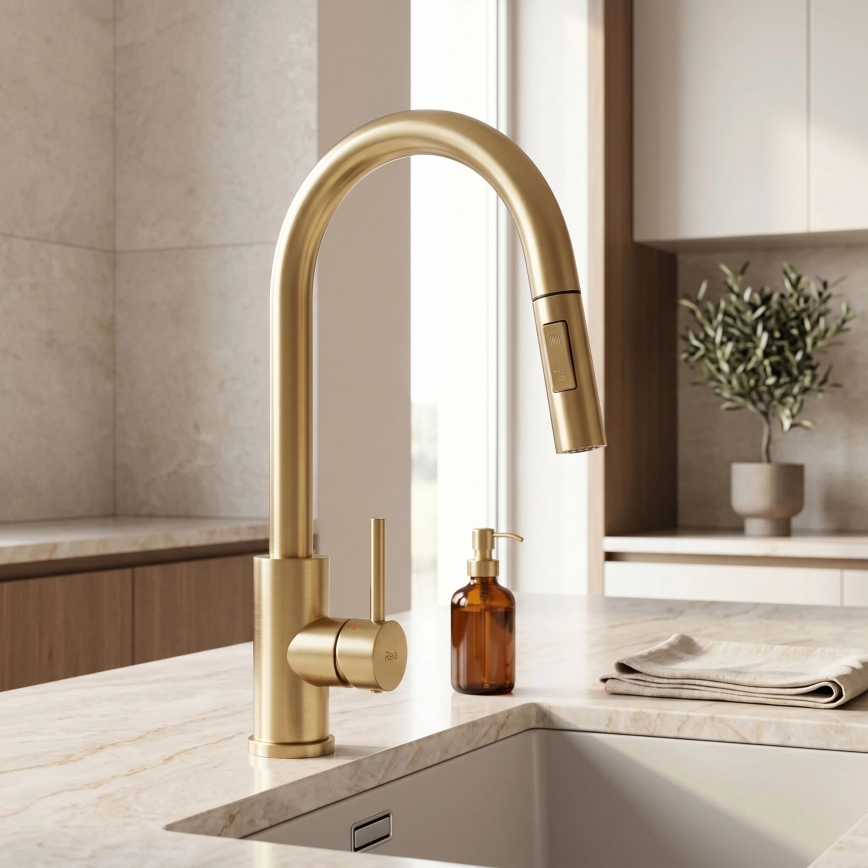REA-B9842 - Mitigeur d'évier tactile avec douchette extractible FRESH TOUCH 37 cm, 4x AA, finition or brossé