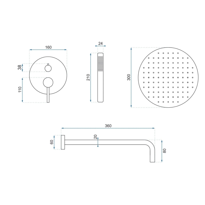 REA-P4160 - Ensemble de douche avec mitigeur encastré LUNGO, finition dorée brossée
