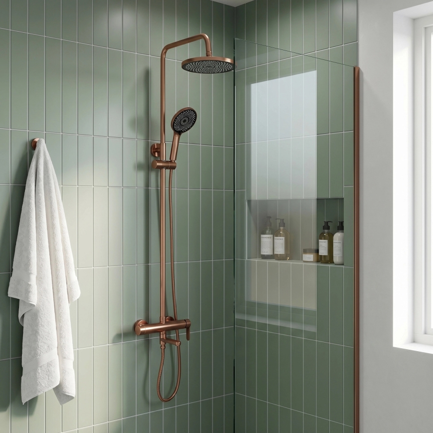 REA-P8715 - Ensemble de douche ARCOS avec mitigeur, finition cuivre brossé