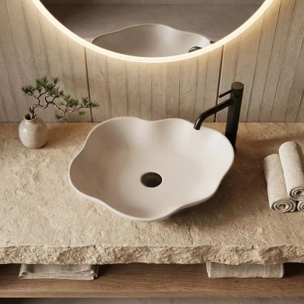 REA-U0617 - Vasque à poser PEARL 38 x 50,5 cm céramique/beige/aspect pierre