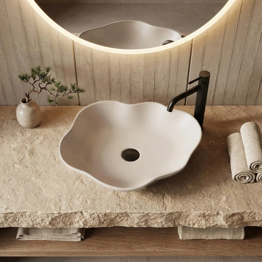 REA-U0617 - Vasque à poser PEARL 38 x 50,5 cm céramique/beige/aspect pierre