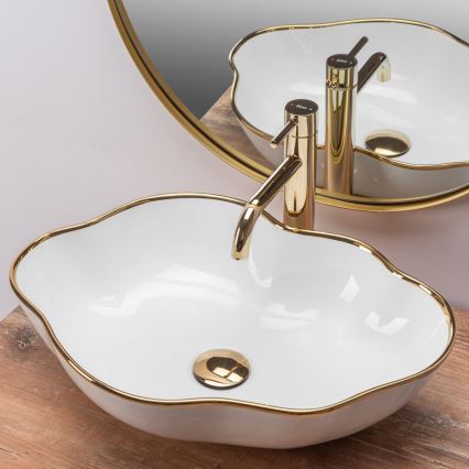 REA-U0696 - Lavabo à poser PEARL 38 x 50,5 cm céramique/blanc brillant/or