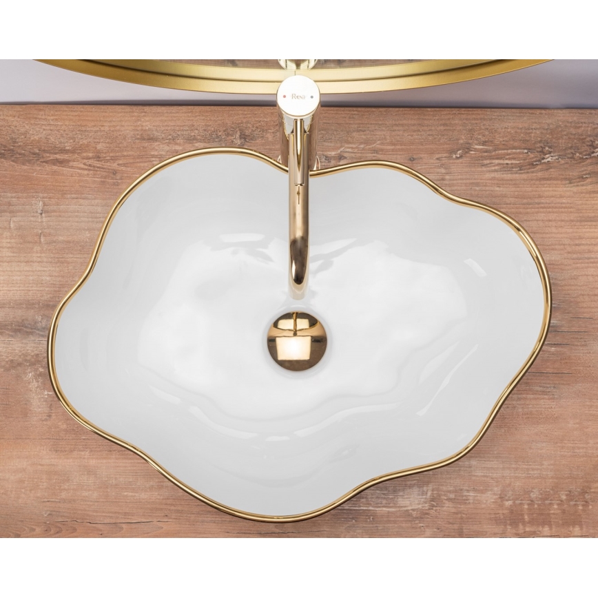 REA-U0696 - Lavabo à poser PEARL 38 x 50,5 cm céramique/blanc brillant/or