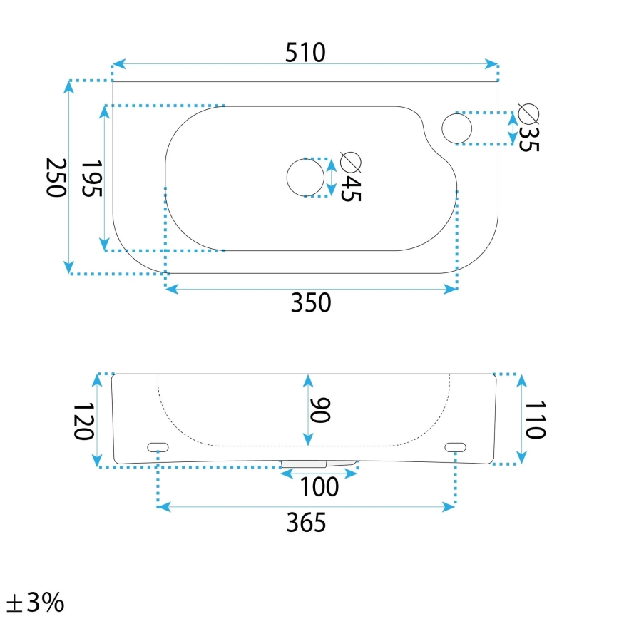 REA-U3610 - Lavabo ODETTA 25 x 51 cm, à poser/à suspendre, céramique, blanc brillant
