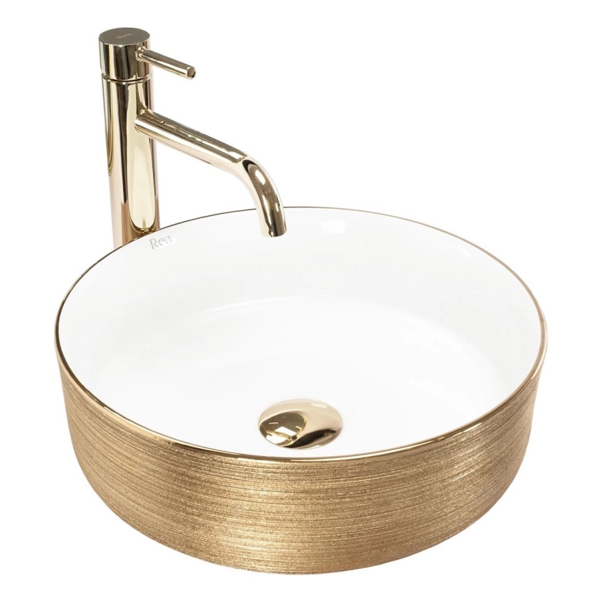 REA-U6630 - Lavabo à poser SAMI Ø 36 cm céramique/blanc/doré brossé