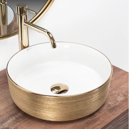 REA-U6630 - Lavabo à poser SAMI Ø 36 cm céramique/blanc/doré brossé