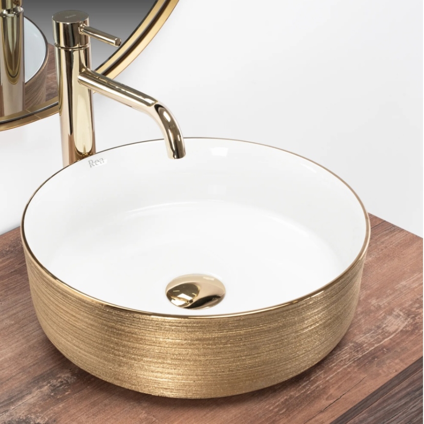 REA-U6630 - Lavabo à poser SAMI Ø 36 cm céramique/blanc/doré brossé