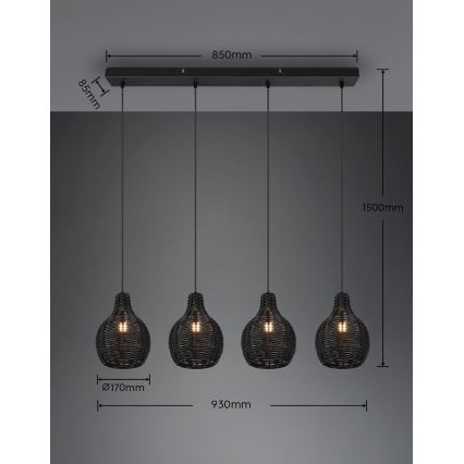 Reality - Suspension sur câble SPROUT 4xE14/30W/230V noir/rotin