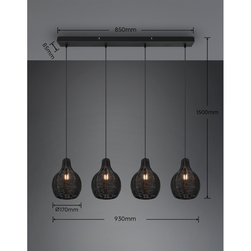 Reality - Suspension sur câble SPROUT 4xE14/30W/230V noir/rotin