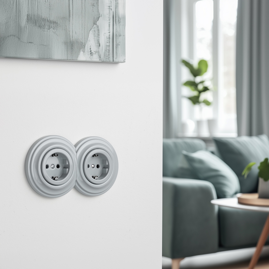 Reblig - Double prise murale rétro avec cadre SCHUKO 230V grise