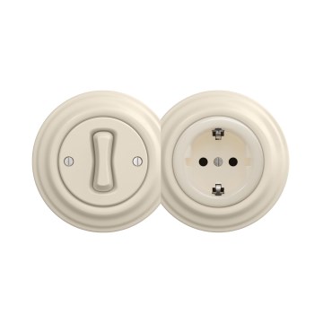 Reblig - Ensemble rétro : interrupteur unipolaire n° 1 et prise SCHUKO 230 V avec cadre beige