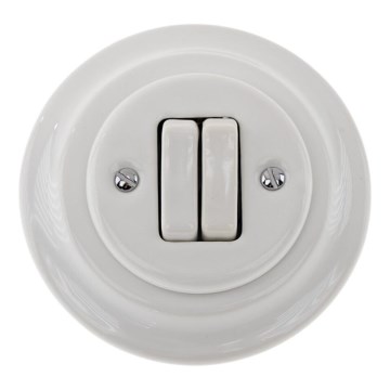 Reblig - Interrupteur double rétro en porcelaine avec cadre n° 6+6, blanc