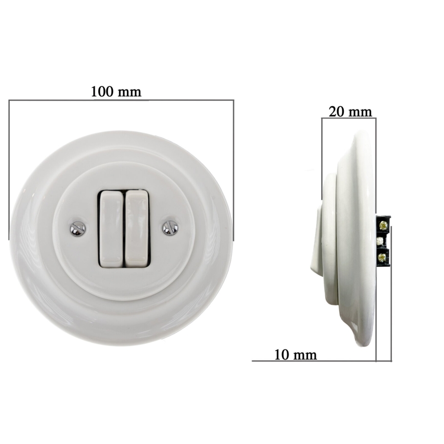 Reblig - Interrupteur double rétro en porcelaine avec cadre n° 6+6, blanc
