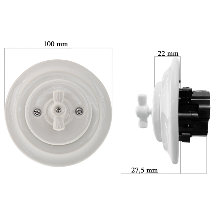 Reblig - Interrupteur rotatif rétro en porcelaine avec cadre n° 5, blanc