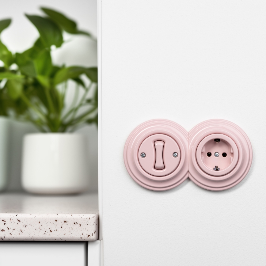 Reblig - Interrupteur unipolaire rétro n° 1 et prise SCHUKO 230 V avec cadre rose poudré