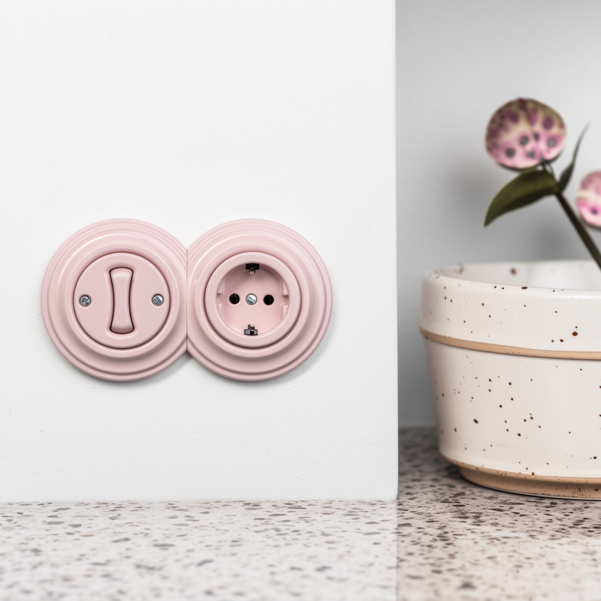 Reblig - Interrupteur unipolaire rétro n° 1 et prise SCHUKO 230 V avec cadre rose poudré