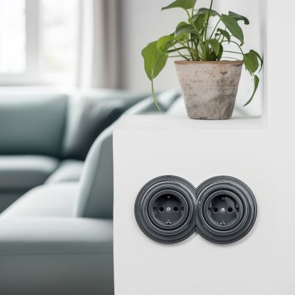 Reblig - Prise double murale au style rétro avec cadre SCHUKO 230 V, anthracite