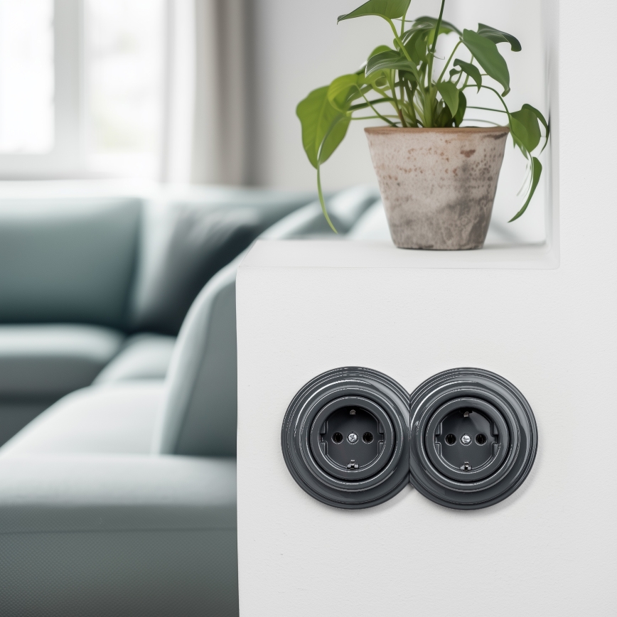 Reblig - Prise double murale au style rétro avec cadre SCHUKO 230 V, anthracite
