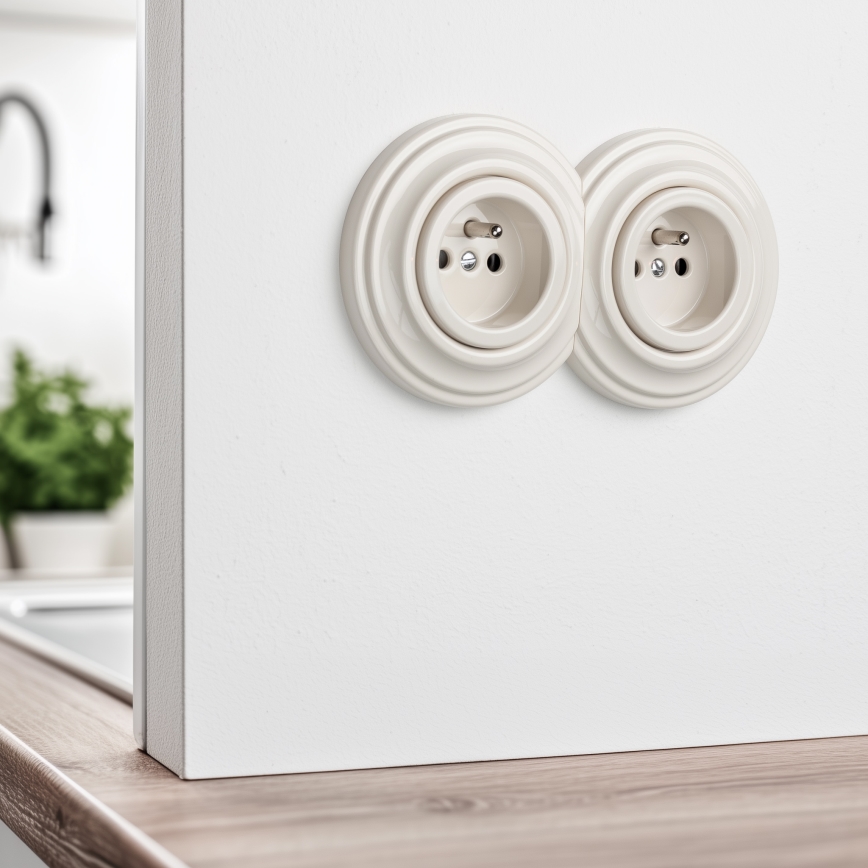 Reblig - Prise double murale rétro avec plaque, 230 V, beige