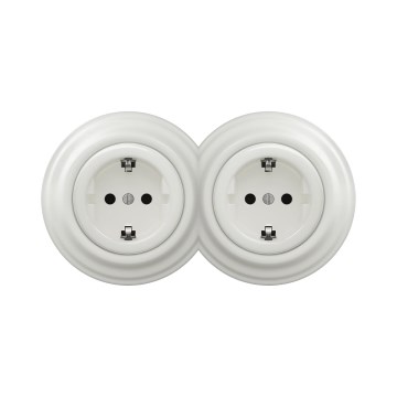 Reblig -Prise double rétro domestique avec cadre SCHUKO 230V en céramique blanche
