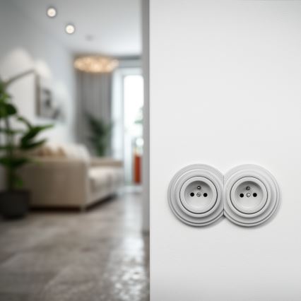 Reblig - Prise double rétro murale avec cadre, 230V, en céramique blanche