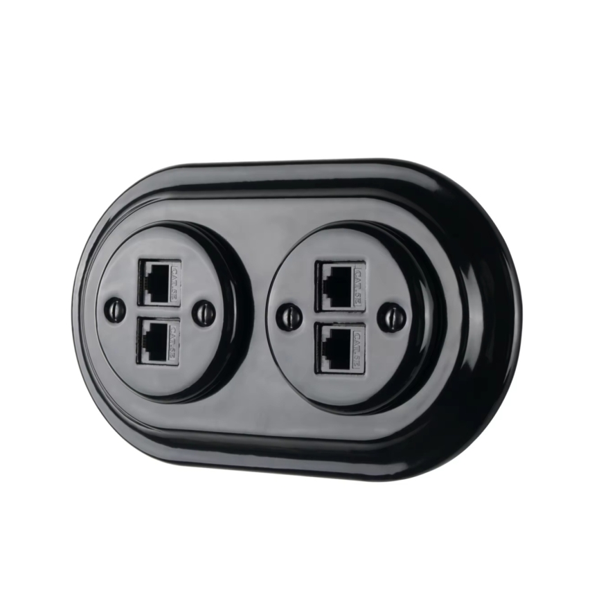 Reblig - Prise Ethernet rétro en porcelaine sans cadre, 2 ports CAT5e, noire