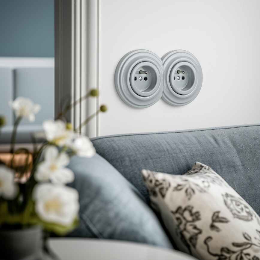 Reblig - Prise murale double rétro avec cadre, 230 V, gris