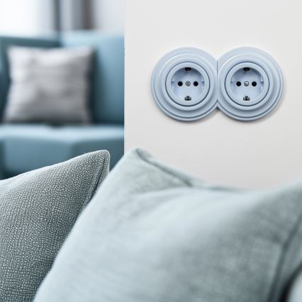 Reblig - Prise murale double rétro avec cadre SCHUKO 230 V, bleu